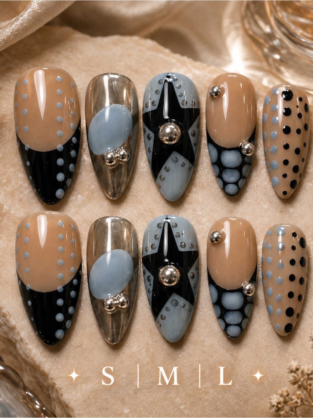 Nude, Powder Blue & Black Decorative Press-On Nail Set